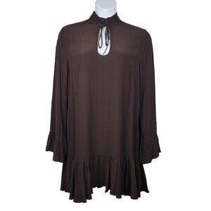 H&M Womens Long Sleeve Dark Brown Choker Lace Up Neck Mini Dress Size M NWT